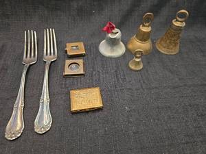 lot 4226 image: Mixed Collectible Items Including Silver-Plated Forks, Brass Bells, and Compacts
