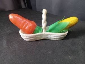 lot 4426 image: Ceramic Vegetable Salt and Pepper Shaker Set with Wicker Basket