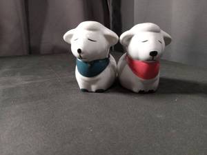 lot 4429 image: White Ceramic Lambs  Salt and Pepper Shakers with Colored Collars