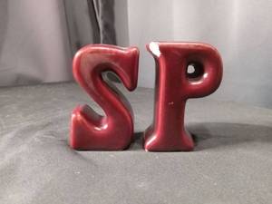 lot 4435 image: Red Ceramic Salt and Pepper Shaker Set with Letter S and P Design
