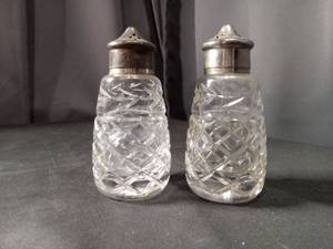 lot 4441 image: Cut Crystal Salt and Pepper Shakers with Silver-Plated Tops