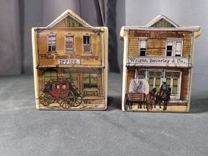 lot 4448 image: Wells Fargo & Company General Merchandise Ceramic Building Salt and Pepper Shakers Set