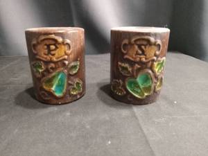 lot 4311 image: Handmade Ceramic Salt and Pepper Shakers with Green Glaze Accents