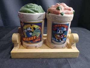 lot 4331 image: Disney Enesco Mickey and Minnie Mouse Salt and Pepper Shaker Set with Wooden Stand