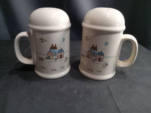 lot 4342 image: Ceramic Salt and Pepper Shaker Set with Country Village Design