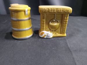lot 4352 image: Yellow Ceramic Salt and Pepper Shakers with Fireplace and Barrel Design