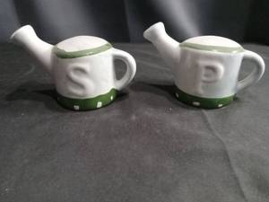 lot 4360 image: White Ceramic Salt and Pepper Shakers with Green Trim and Handles