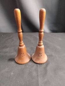 lot 4373 image: Handmade Wooden Bells with Handles salt and pepper set