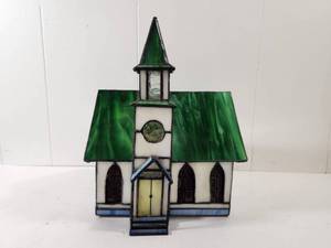 lot 80 image: Beautiful Stained Glass Tea Light Church with Green Roof and Spire