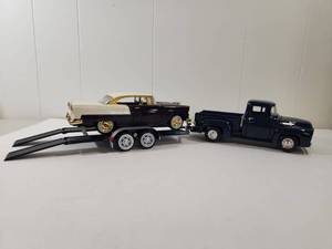 lot 111 image: Die-Cast Truck and Car Hauler Trailer Set with Classic Sedan 124