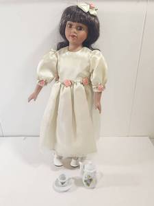 lot 174 image: Porcelain Doll with Ivory Dress and Miniature Tea Set