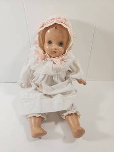 lot 177 image: Horsman Doll Composition Baby Doll in White Christening Gown with Pink Bonnet