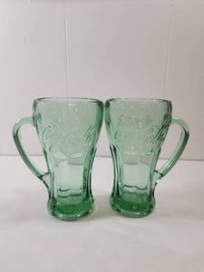 lot 223 image: Coca-Cola Green Glass Handled Mugs Set of 2