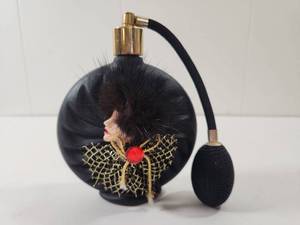 lot 260 image: Black Glass Perfume Atomizer with Decorative Figure