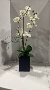 lot 2002 image: Faux White Orchid Plant Arrangement in Black Square Pot