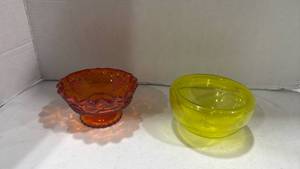 lot 2004 image: Colored Glass Bowl Set - Orange Grape Pattern and Yellow Smooth Bowl