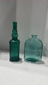 lot 2006 image: Turquoise Glass Decorative Bottles with Embossed Patterns