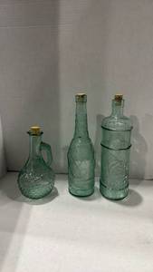lot 2007 image: Green Glass Decorative Bottle Set with Cork Stoppers