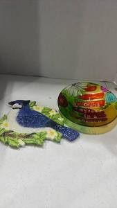 lot 2015 image: Blue Jay Bird Figurine and Glass Plate Set