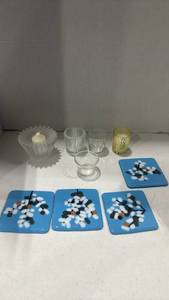 lot 2020 image: Mixed Glass Votive Holders and Glass Coaster Set