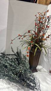 lot 2029 image: Tall Brown Ceramic Vase with Artificial Flower Arrangement and faux eucalyptus