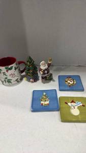 lot 2045 image: Christmas salt and pepper shaker, coasters, and coffee mug