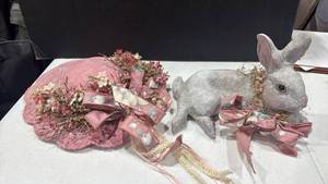 lot 2072 image: Bunny Figurine with Pink Floral Bonnet and Ribbon Decorations