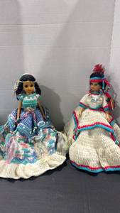 lot 2077 image: Native American Dolls with Handmade Crocheted Outfits