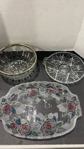 lot 2089 image: Glass platter, relish tray and bowl with silver tone border