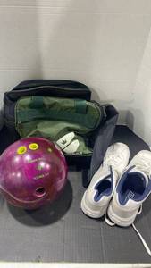 lot 2108 image: Custom bowling ball with bag and shoes size 11.5