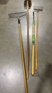 lot 2123 image: Gardening tools, rakes, hoe and more