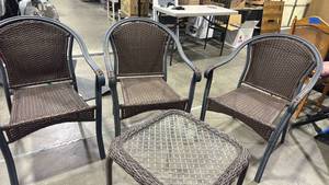 lot 2409 image: Brown Wicker and metal Patio Dining Chairs with Glass Top Side Table Set seats are 14 inches wide whole chair is 32 inches tall table is 20x20