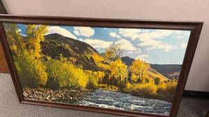 lot 2515 image: 2 sided framed print summer and winter scenes 30x55.5