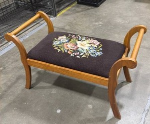 lot 3018 image: Wooden Bench with Needlepoint Floral Upholstery 24 x 42 x 19 in