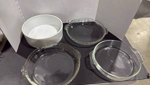 lot 4005 image: White ribbed souffle casserole bowl and 3 glass pie plates