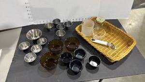 lot 4011 image: Desert and condiment cups, wicker basket and more