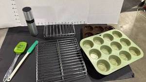 lot 4015 image: Muffin trays, wire racks and utensils