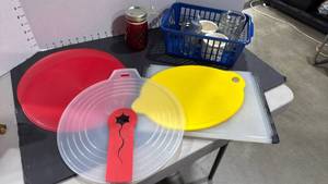 lot 4024 image: Mixer platter guard, cutting boards, canning jars and more