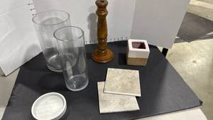 lot 4039 image: Vases, candle holder and tiles
