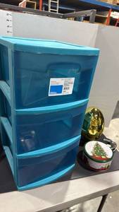 lot 4042 image: 3 drawer storage box with ribbon and tin