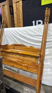 lot 5002 image: Full size 4 post bed with frame and mattress, mattress has cover on it