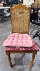 lot 5003 image: Cane Back Dining Chair with floral upholstered seat with Pink Cushion 38 inches tall