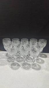 lot 5008 image: Crystal Cut Wine Glass Set set of 12, 2 has small chips pictured