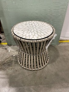 lot 3020 image: Stone top woven end table 20 x 20 x 20 in