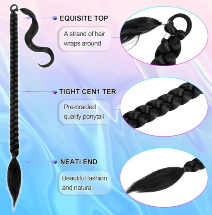 lot 627 image: Braided Ponytail Extension - 36 Inch Long Straight Wrap With Braid and Hair Tie - 1B