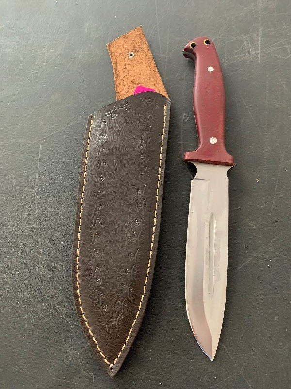 lot 55 image: Handcrafted Full Tang Knife Blade with leather sheath approx 11 inches long Hunting Fishing