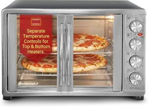 lot 501 image: $143 Elite Gourmet ETO4510B# French Door 47.5Qt, 18-Slice Convection Oven 4-Control Knobs, Bake Broil Toast Rotisserie Keep Warm, Includes 2 x 12 Pizza Racks, Stainless Steel