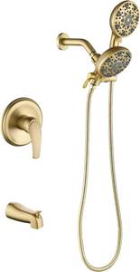 lot 502 image: $140 Tub and Shower Faucet Set Complete Dual Shower Head and Handheld 2 in 1 Combo Set Shower System with Tub Spout Tub and Shower Trim Kit Brushed Gold