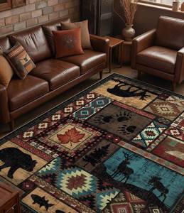 lot 517 image: $117 YIHOUSE Rustic Cabin Area Rug 8x10,Machine Washable Lodge Bear Rug,Non-Slip Low Pile Print Pattern Southwestern Rug for Living Room Bedroom