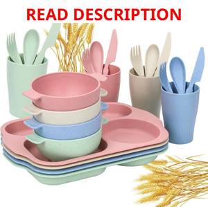 lot 555 image: 23 PCS Wheat Straw Dinnerware Set for Kids Toddler Plate Bowl Cup Sets Unbreakable BPA-Free Tableware Set with Divided Plate Microwave Dishwasher Safe Perfect for Home School Picnics